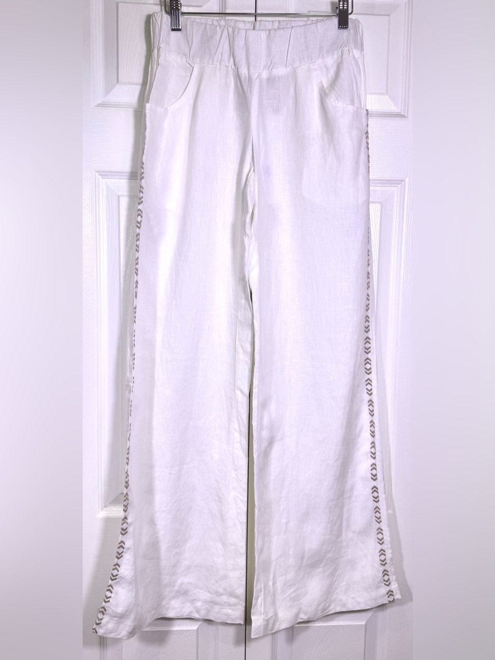 Kyla Seo Elisha Wide Leg Linen Embroidered Pants White/Tan Size Small NWT